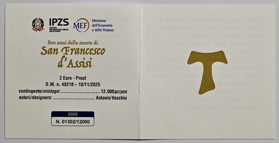 Italien 2026 800. Todestag von San Francesco d'Assisi – Zertifikat