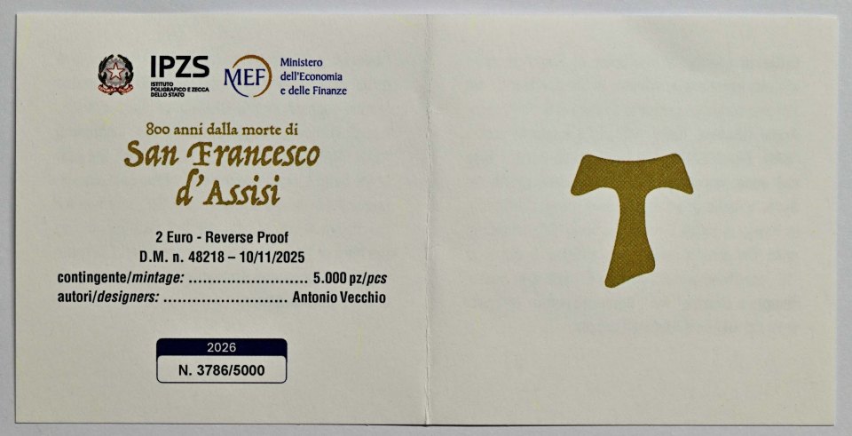 Italien 2026 800. Todestag von San Francesco d'Assisi – Zertifikat