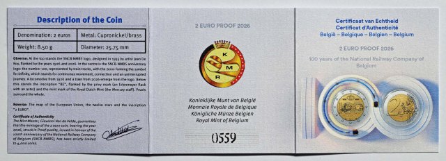 Belgien 2026 100 Jahre Belgische Staatsbahnen NMBS/SNCB – Zertifikat