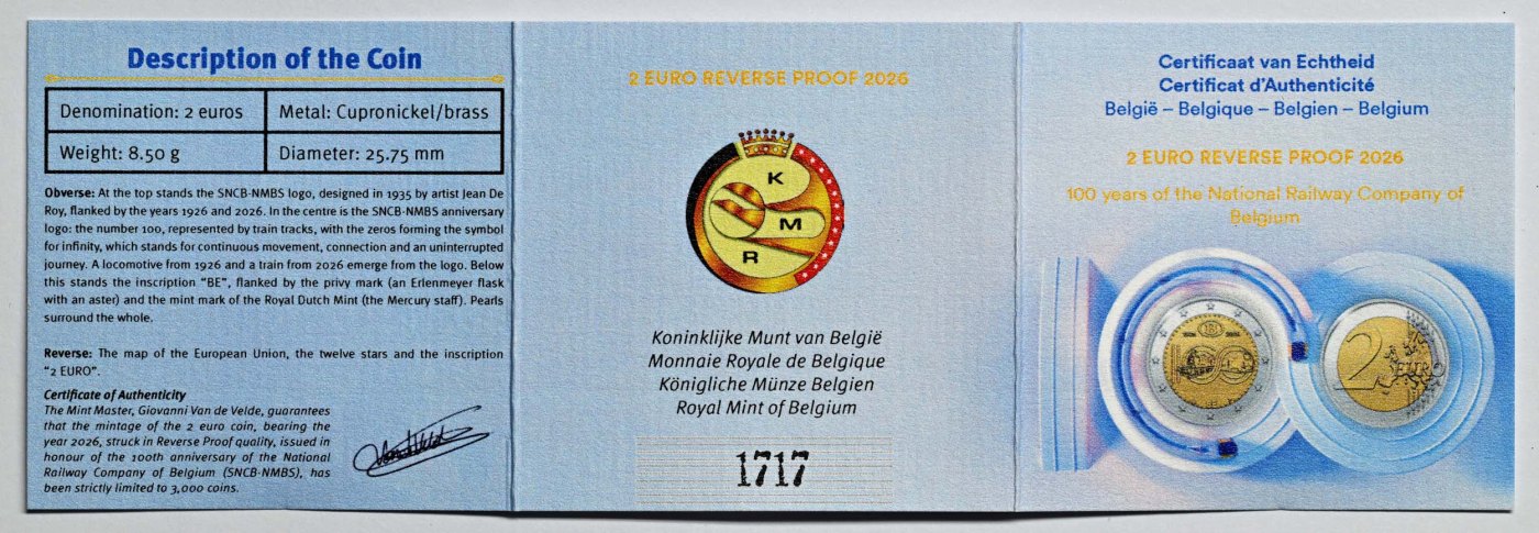Belgien 2026 100 Jahre Belgische Staatsbahnen NMBS/SNCB – Zertifikat