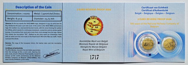 Belgien 2026 100 Jahre Belgische Staatsbahnen NMBS/SNCB – Zertifikat