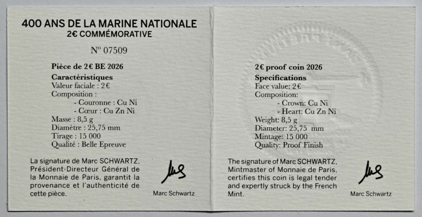 Frankreich 2026 400 Jahre französische Marine – Zertifikat