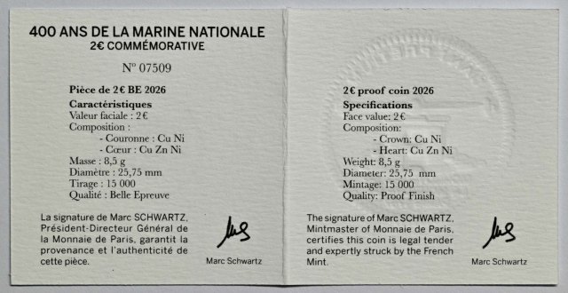Frankreich 2026 400 Jahre französische Marine – Zertifikat