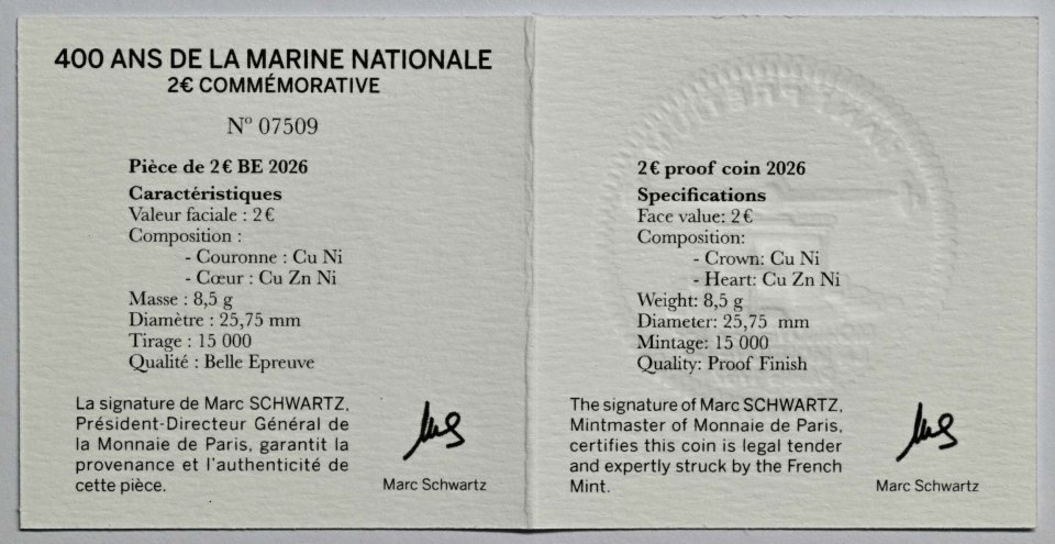 Frankreich 2026 400 Jahre französische Marine – Zertifikat