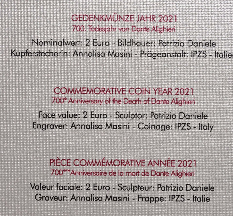 Vatikan 2021 – 700. Todestag von Dante Alighieri · 2-Euro-Gedenkmünze