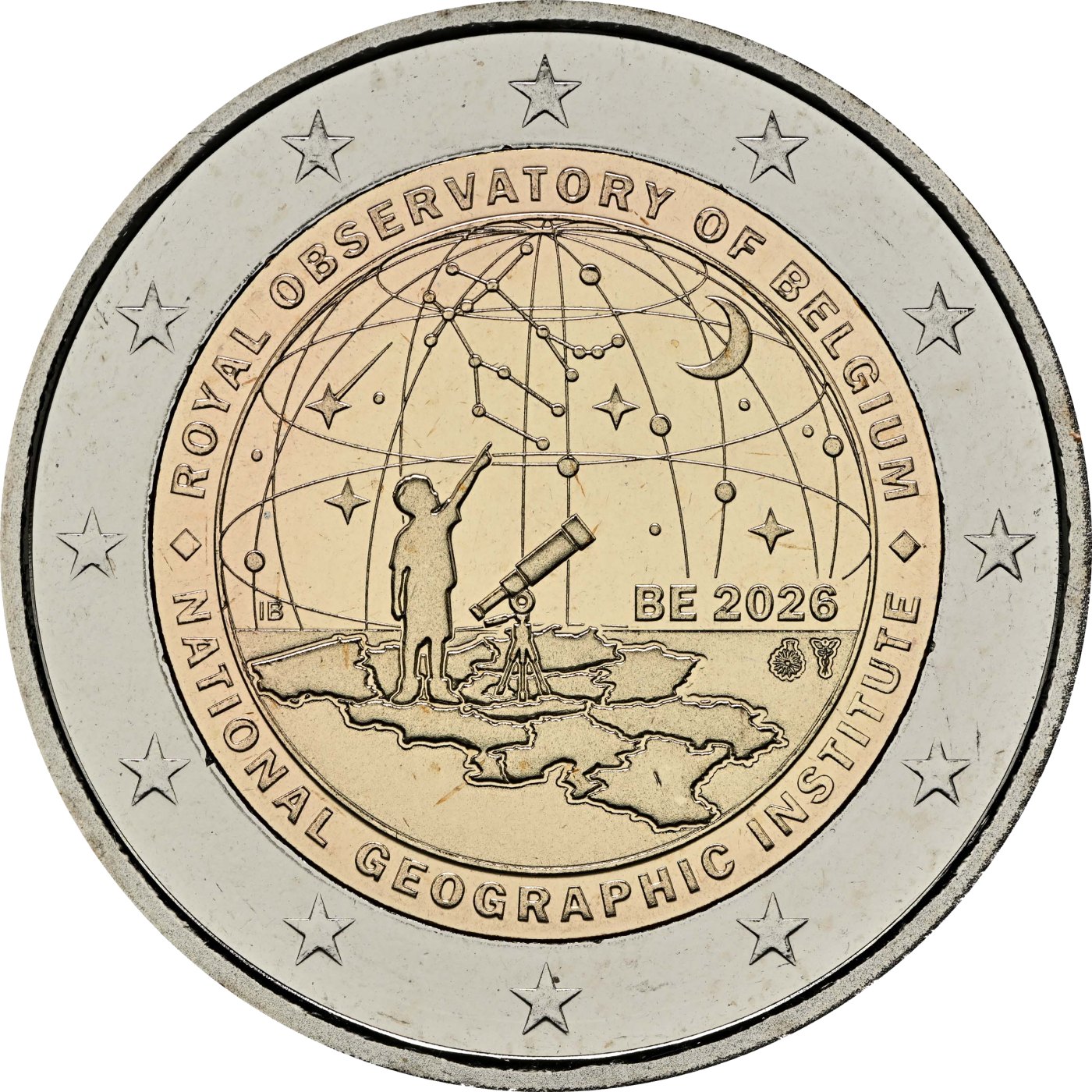 Belgien 2026 – 50 Jahre Nationales Geographisches Institut, 200 Jahre Königlich Belgische Sternwarte · 2-Euro-Gedenkmünze Rückseite
